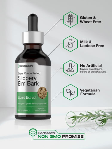 Bottle of slippery elm bark liquid extract with product features highlighted.