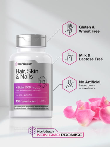 Bottle of Hair, Skin & Nails supplement with Horbaach branding on a light gray background.