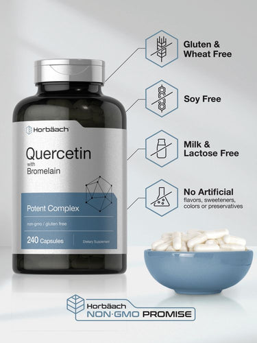 Supplement bottle labeled 'Quercetin with Bromelain' by Horbaach on a light gray background.
