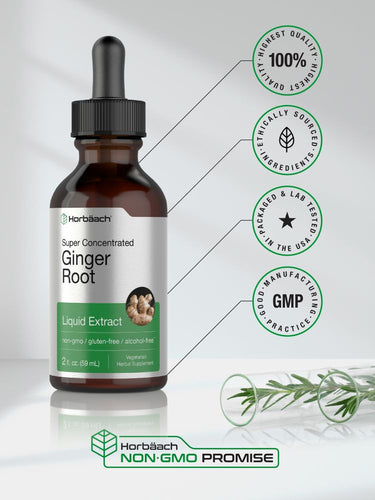 Bottle of ginger root liquid extract with certification icons on a white background.