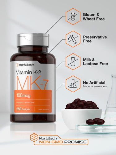 View 5 Bottle of vitamin K-2 with dietary information and bowl of capsules.