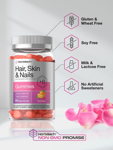 Bottle of Hair, Skin & Nails gummies with product features highlighted.