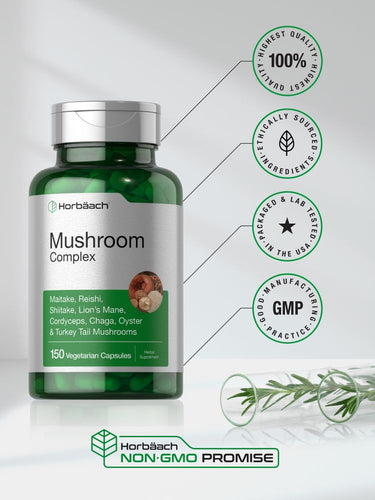 Green bottle of mushroom complex supplement with certification logos on a light background.