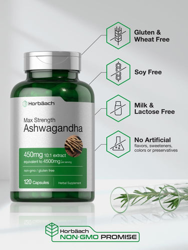 Green bottle of Ashwagandha supplement with label details on a white background.