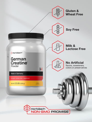 View 8 German Creatine Powder container with a dumbbell on a light gray background