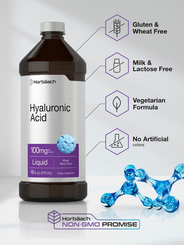 View 5 Horbaach Hyaluronic Acid supplement bottle with product details on a white background