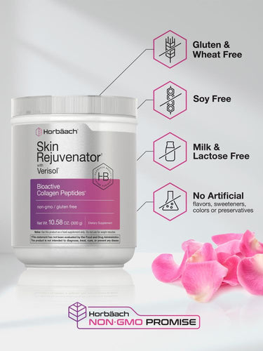 Container of Skin Rejuvenator with allergen-free indicators and pink flowers.