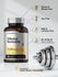 Bottle of Tribulus Terrestris supplement with dietary supplement facts and a dumbbell.