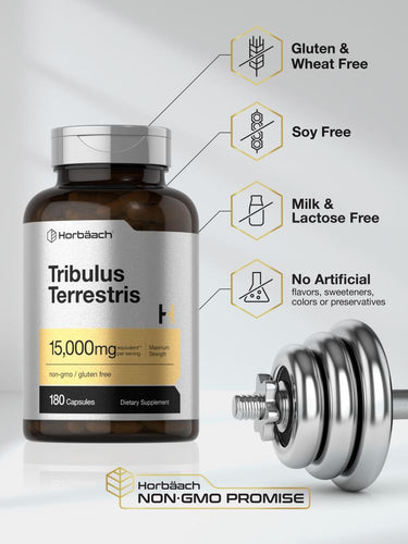 View 5 Bottle of Tribulus Terrestris supplement with dietary supplement facts and a dumbbell.