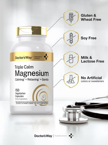 Doctor's Way Triple Calm Magnesium supplement bottle with stethoscope on a light gray background