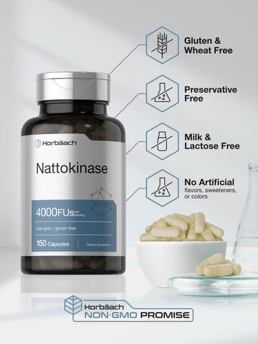 View 5 Bottle of Nattokinase capsules with product features displayed.
