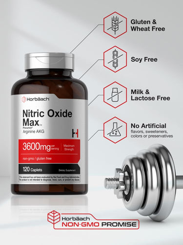 Supplement bottle with nutritional information and dumbbell on a light background