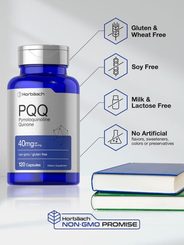 Blue bottle of dietary supplement with label and features on a light background