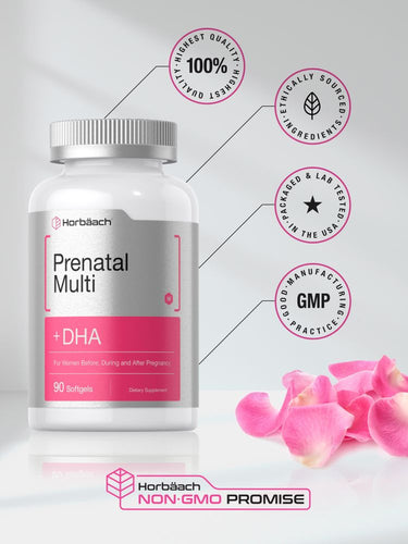 View 5 Prenatal multivitamin supplement bottle with certification logos and pink flowers on a light background.