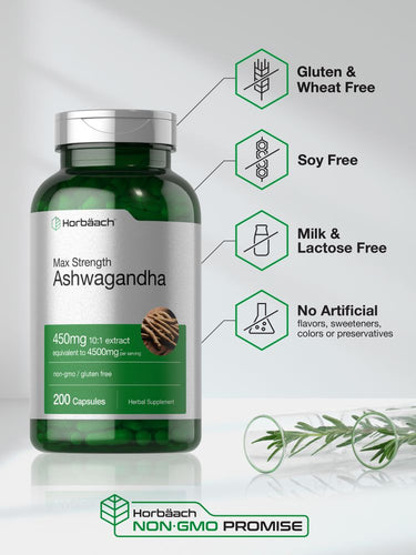 View 5 Green bottle of Ashwagandha supplement with label details on a white background.