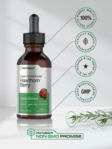 View 5 Bottle of Hawthorn Berry liquid extract with certification logos on a light background
