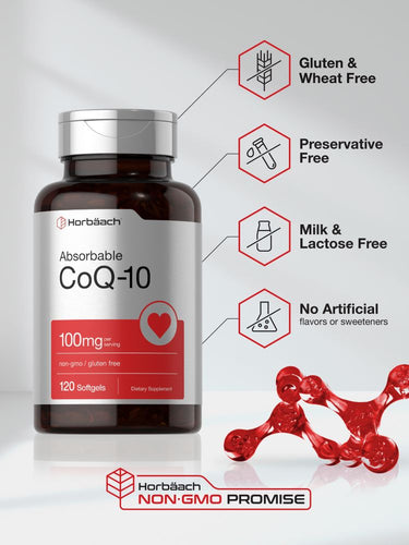 Bottle of CoQ-10 supplement with product features highlighted