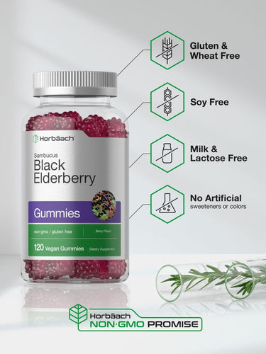 View 5 Bottle of Sambucus Black Elderberry Gummies with product features on a light background.