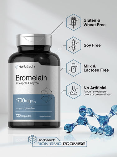 View 5 Bottle of Bromelain capsules with product features highlighted.