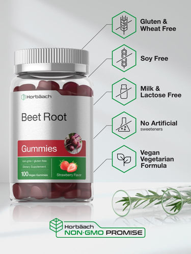Bottle of Beet Root Gummies with nutritional information on a white background