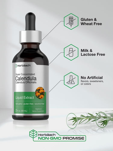 Bottle of calendula liquid extract with product features highlighted.