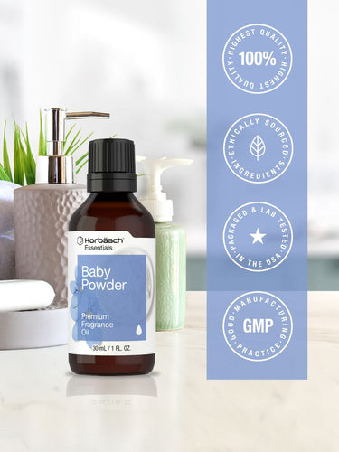 View 5 Bottle of Herb Bach Baby Powder with certification logos on a blurred background