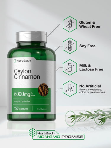 Green bottle of Ceylon cinnamon capsules with label details on a white background.
