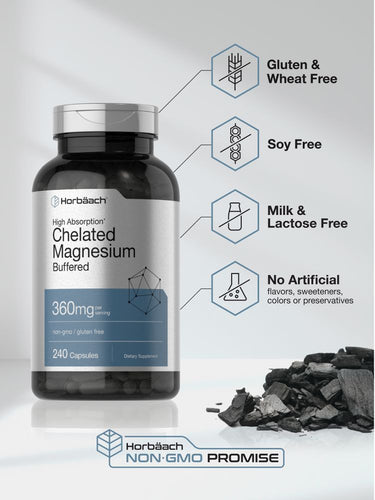View 5 Horbaach Chelated Magnesium supplement bottle with product features on a gray background