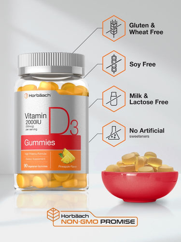 Vitamin D3 gummies packaging with nutritional information on a gray background