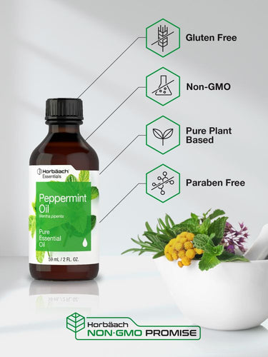 View 5 Peppermint oil bottle with certification icons on a white background