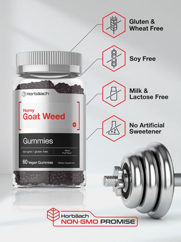 View 5 Horny Goat Weed Gummies bottle with icons indicating gluten, wheat, soy, milk, lactose free, no artificial sweeteners, non-GMO.