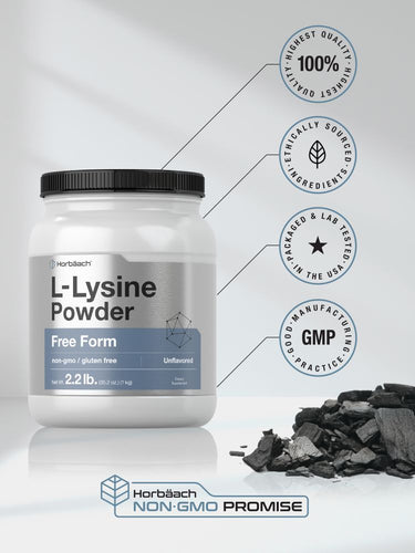 View 5 Container of L-Lysine powder with certification logos and text on a white background.