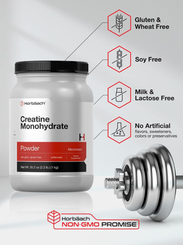 View 5 Container of Horbaach Creatine Monohydrate Powder with a dumbbell on a light gray background