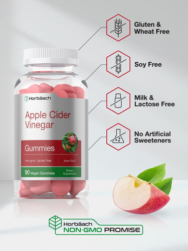 Bottle of apple cider vinegar gummies with product features and apple slice.
