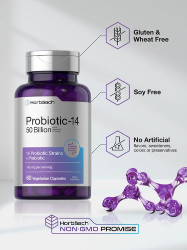 View 5 Purple probiotic supplement bottle with text highlighting gluten-free, soy-free, and non-GMO properties.