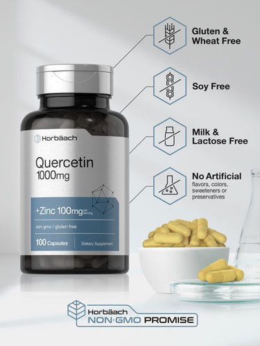 View 5 Horbaach Quercetin 1000mg with Zinc 100mg supplement bottle on a white background