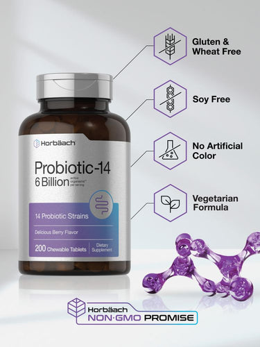 View 5 Probiotic supplement bottle with feature icons on a light background
