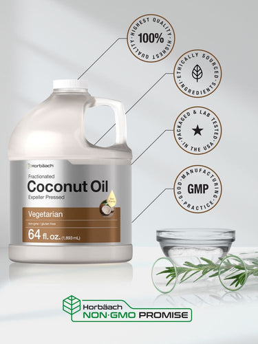 Coconut oil bottle with certification logos and text on a light background