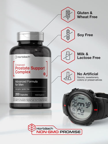 View 5 Bottle of prostate support complex with watch and feature icons on a light background