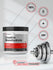 Creatine monohydrate powder container with gym equipment and certification icons.