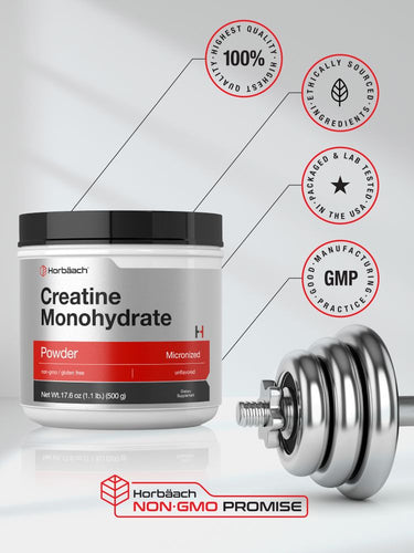 View 5 Creatine monohydrate powder container with gym equipment and certification icons.