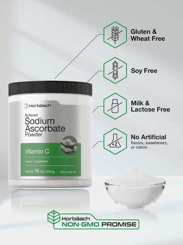 View 5 Horbaach Sodium Ascorbate Powder container with health benefits listed on a white background