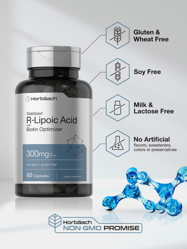 View 5 Bottle of R-Lipoic Acid supplement with Horbaach branding on a light gray background