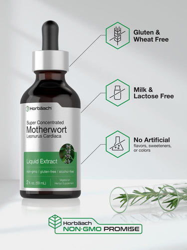 Bottle of Horbaach Super Concentrated Motherwort Liquid Extract with product details on a white background