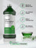 Bottle of liquid chlorophyll with green label and product features.