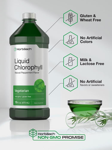 Bottle of liquid chlorophyll with green label and product features.