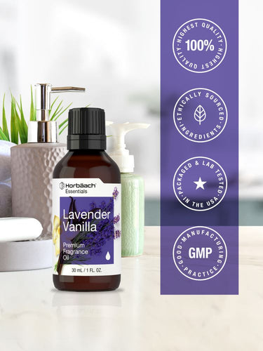 View 5 Bottle of lavender vanilla fragrance oil with certification logos on a white background.