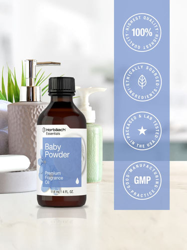 Baby powder bottle with branding and certification logos on a blurred background