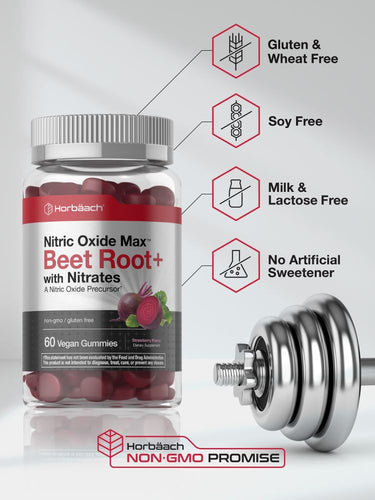 View 5 Bottle of Nitric Oxide Max Beet Root gummies with gym equipment and feature icons.
