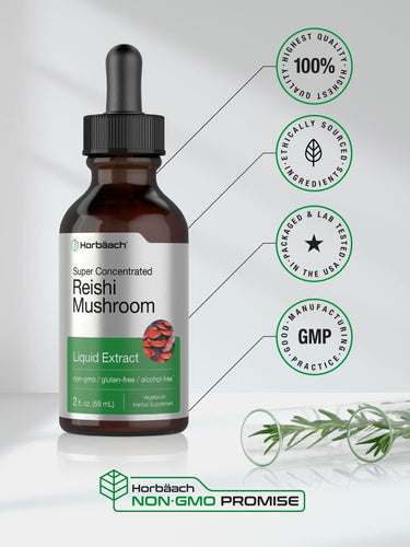 View 5 Bottle of Harbäsch Reishi Mushroom Liquid Extract with certification logos on a white background